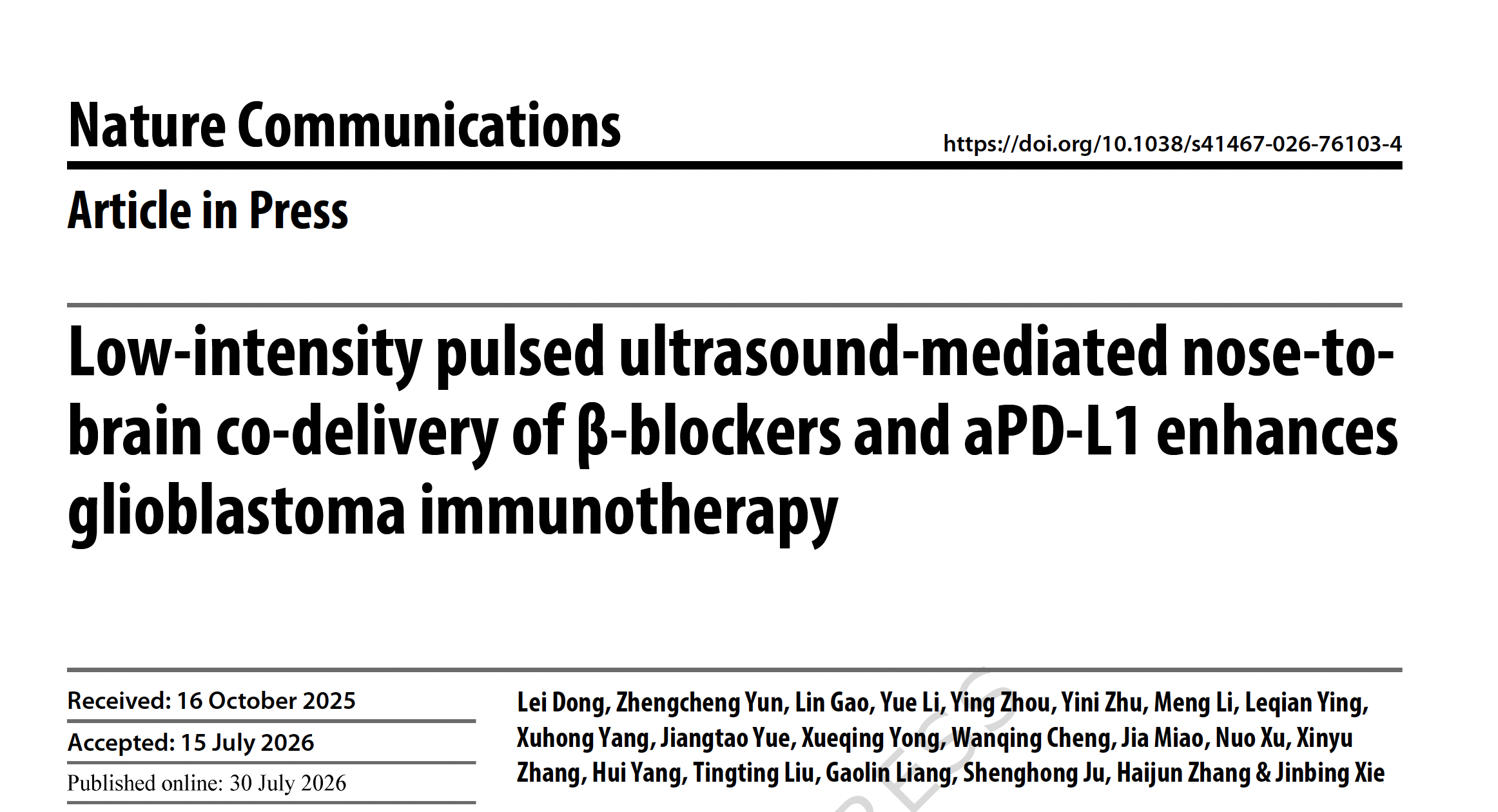 Nature Communications 2026 论文首页：LIPUS介导经鼻共递送β受体阻滞剂与aPD-L1增强胶质母细胞瘤免疫治疗